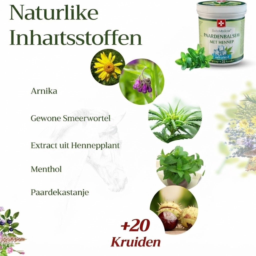 Productinformatie: Arnica, smeerwortel, hennep extract, menthol, paardenkastanje, +20 kruiden. Pot paardenbalsem met hennep.