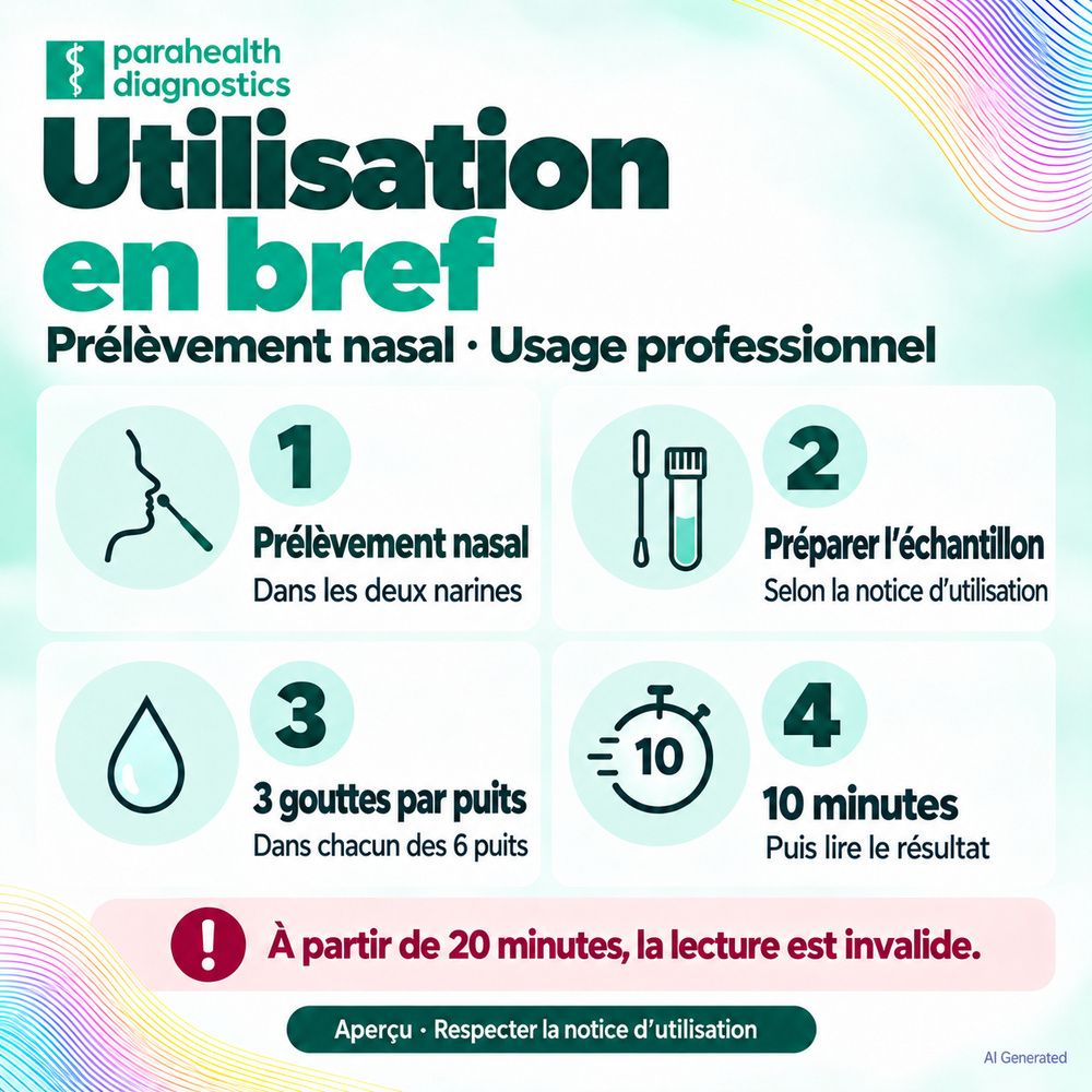 Six paramètres viraux du test 12-en-1 : SARS-CoV-2, Grippe A, Grippe B, RSV, Adénovirus, HMPV.