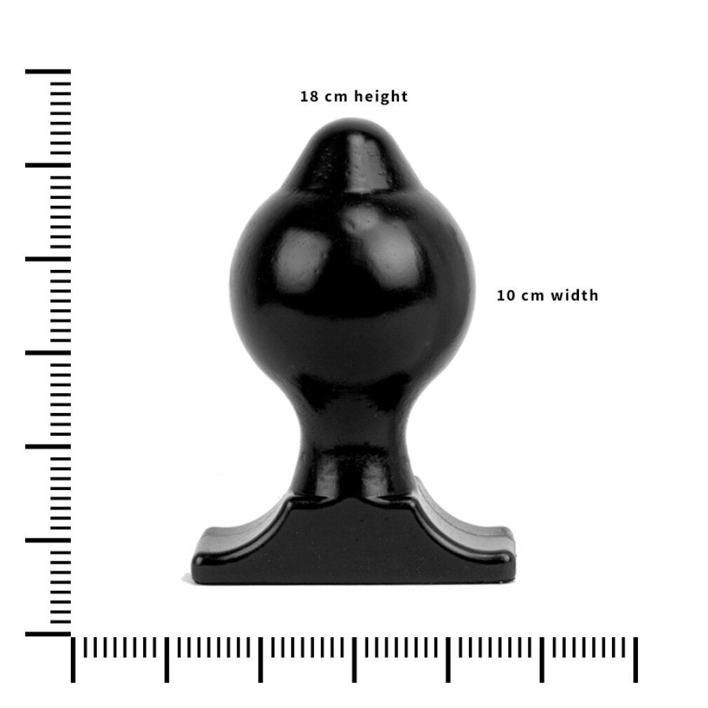 Zwarte butt-plug, 18 cm hoog en 10 cm breed, met een brede basis.