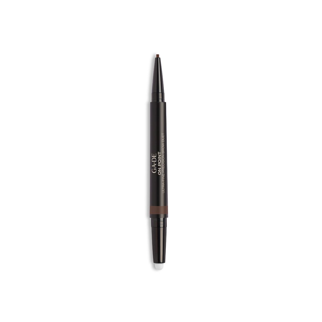 Crayon double. Mine marron foncé et brosse. Inscription : G.DE ON POINT ULTRA FINE BROW DUET.