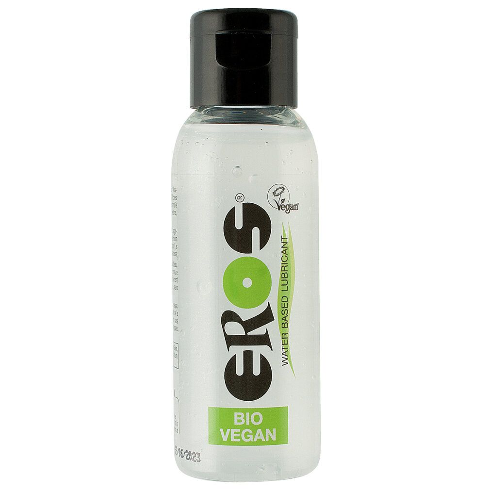 Flacon transparent avec bouchon noir. Inscription EROS, BIO VEGAN. Label Vegan.