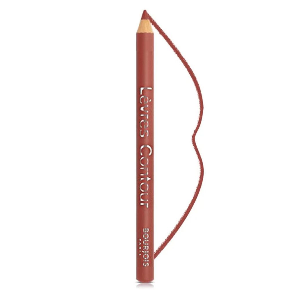Bruin lippencontourpotlood. Opschrift: Lèvres Contour, Bourjois Paris. Potloodpunt en contourlijn zichtbaar.