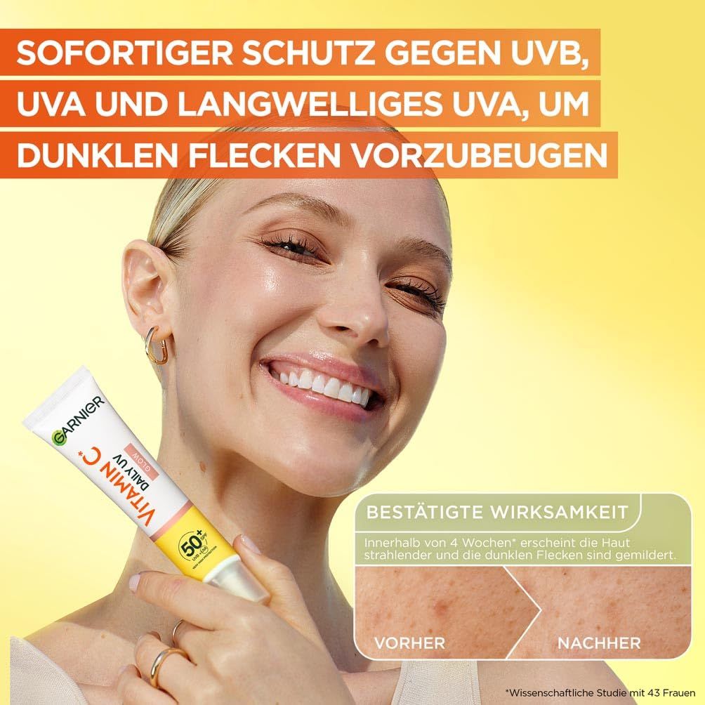 Vrouw met Garnier Vitamin C zonnecrème. Productverpakking met tekst: Onmiddellijke bescherming tegen UVB, UVA. Bevestigde effectiviteit.