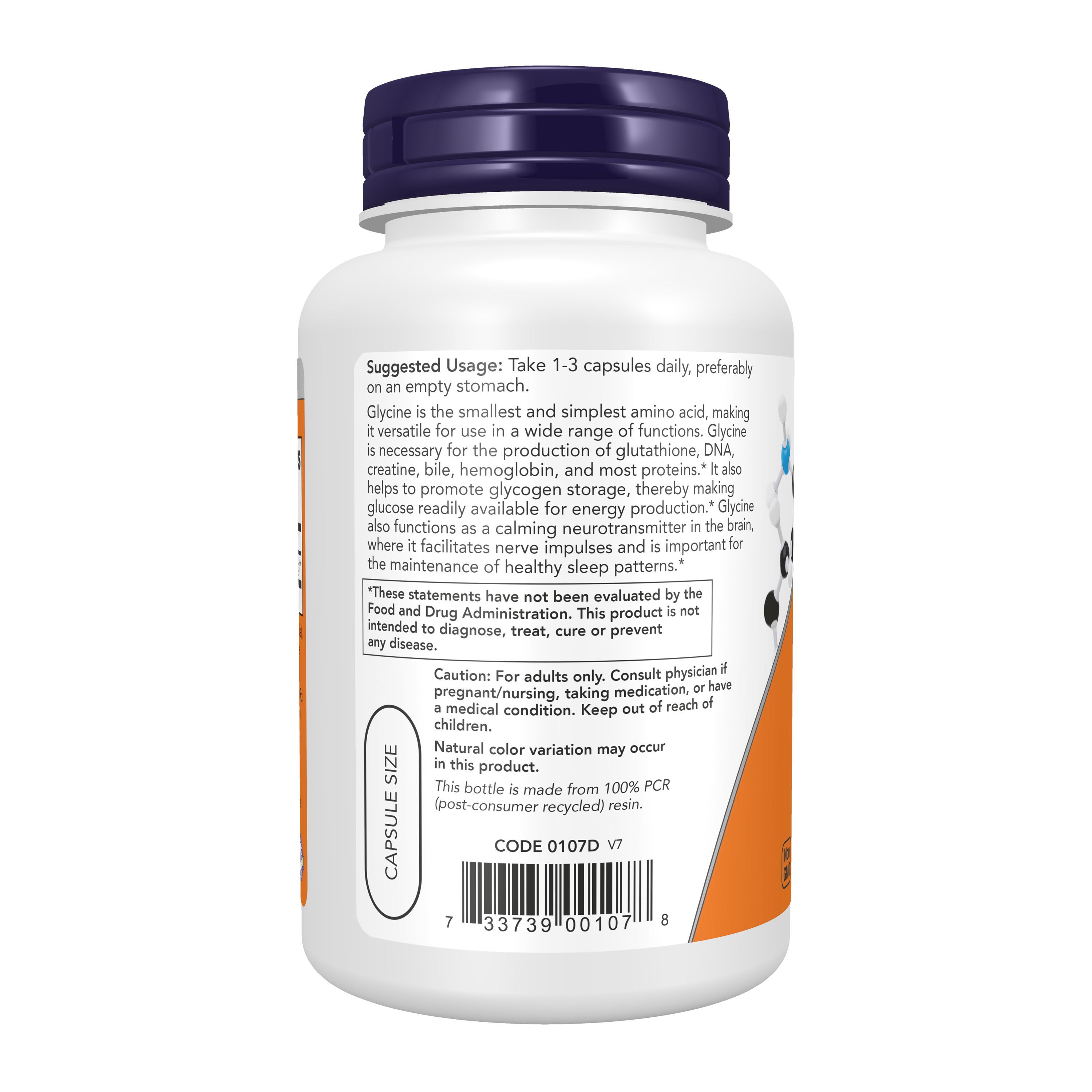 Arrière d'une bouteille de capsules de L-Glutamine avec informations nutritionnelles et instructions d'utilisation.