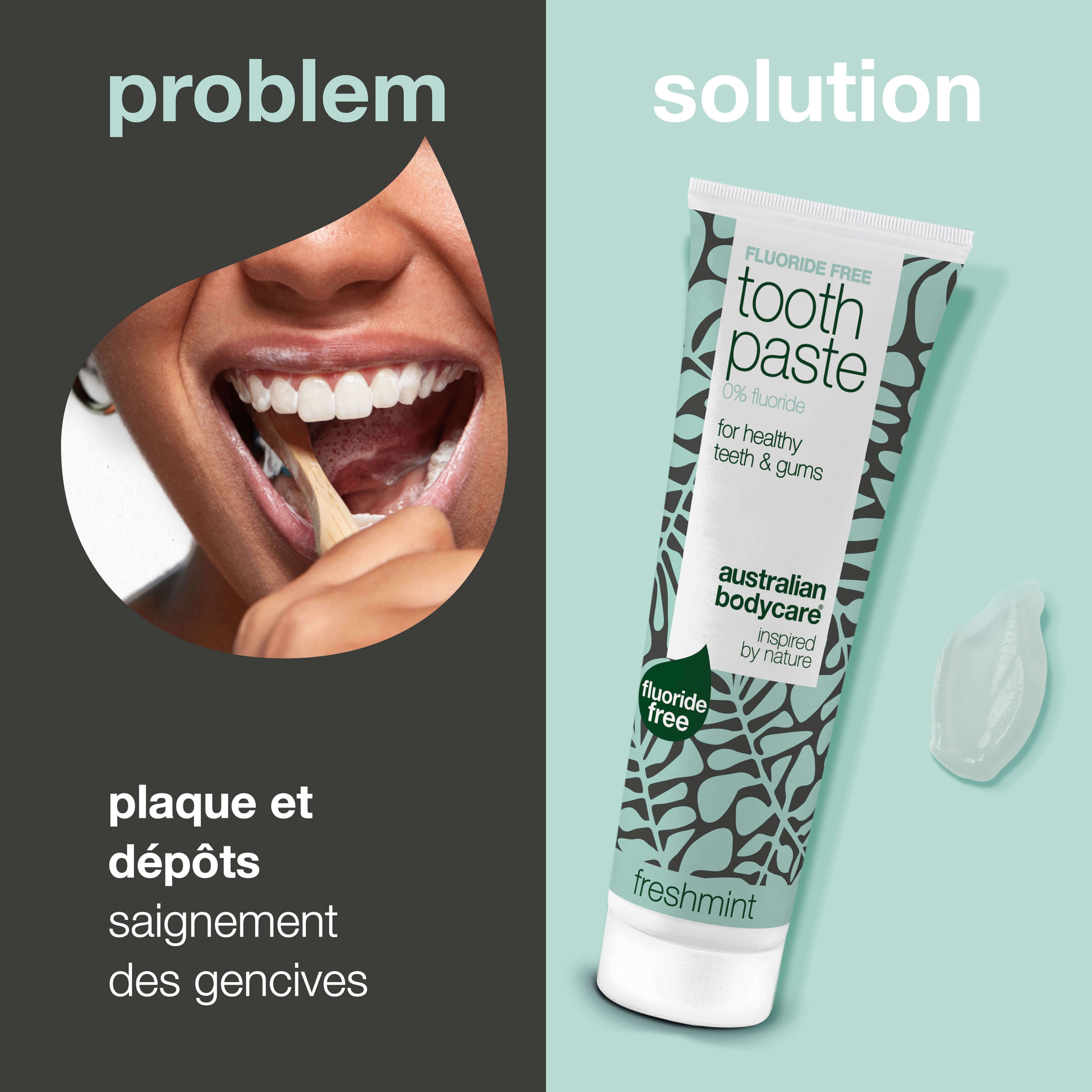 Tube de dentifrice à côté d'une bouche avec une brosse à dents. Inscription : Fluoride Free, Toothpaste, 0% fluoride.
