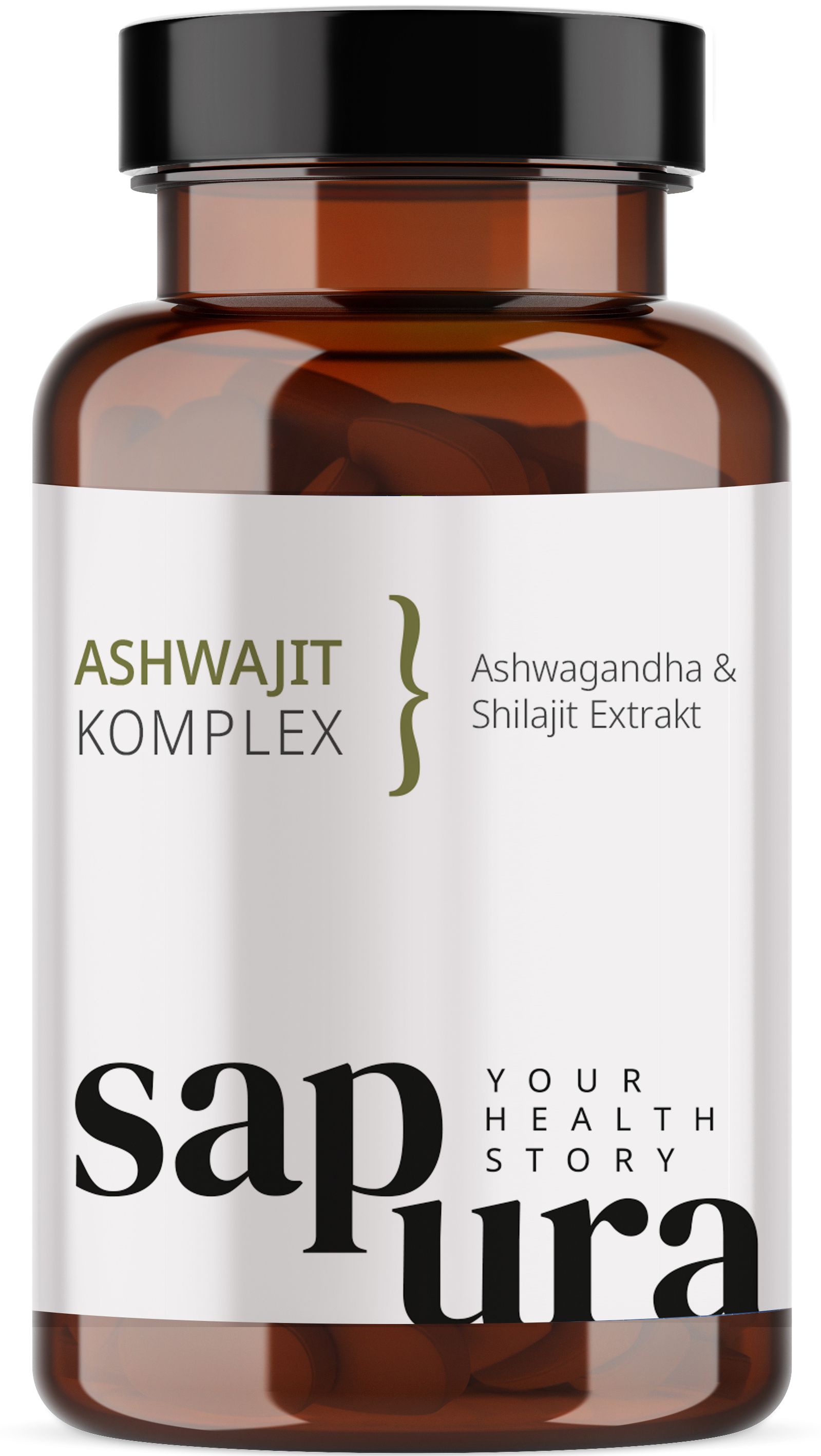 Bruine glazen fles met wit etiket. Bevat Ashwagandha & Shilajit Extract. Merk: sapura YOUR HEALTH STORY.