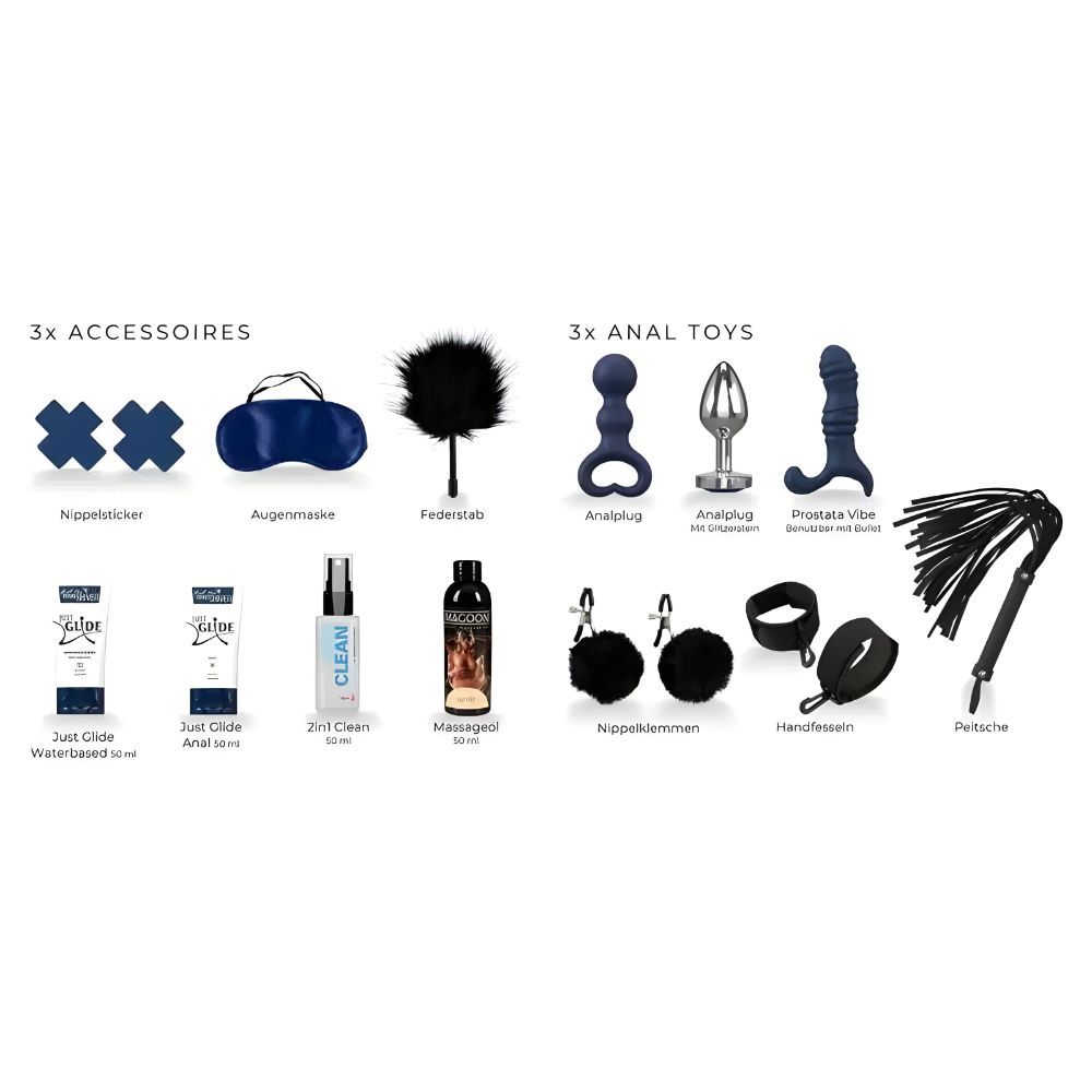 Aperçu des produits avec accessoires et sex toys. Masque pour les yeux, plumeau, lubrifiant, jouets anaux, fouet.
