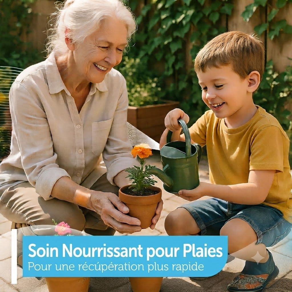 Femme et enfant arrosant une plante dans un jardin. Texte : Soin nourrissant pour plaies, pour une récupération plus rapide.