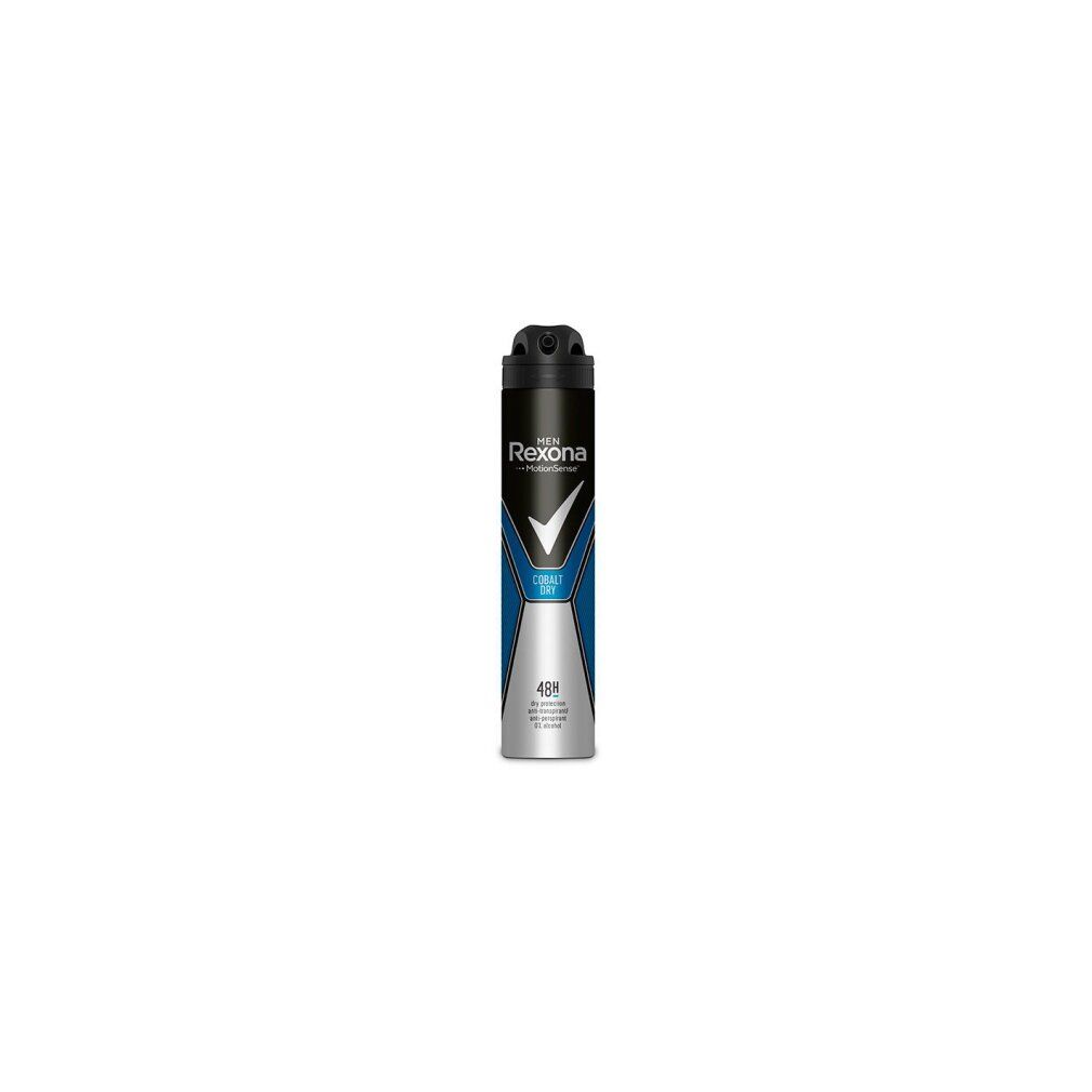 Spray déodorant Rexona. Bouchon noir, détails bleus et argentés. Nom du produit : Cobalt Dry. Protection 48h.