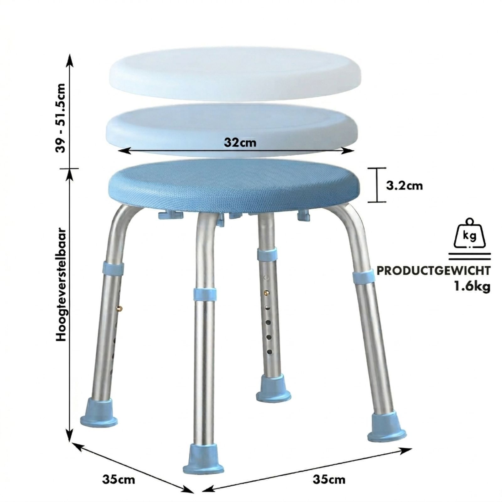Douchekruk met afmetingen. Hoogte 39-51,5cm, diameter 32cm. Gewicht 1,6kg. Verstelbaar.