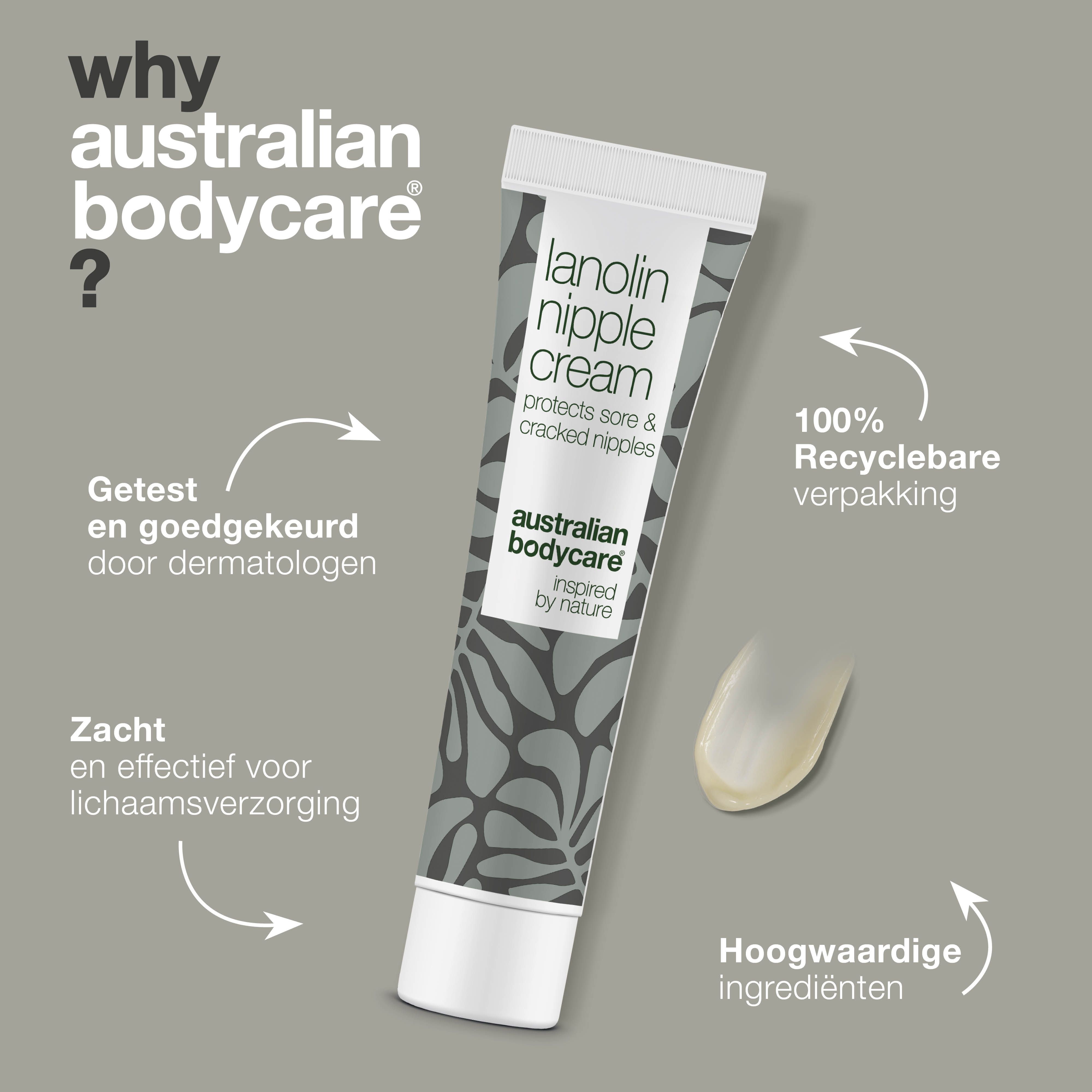 Tube lanoline tepelcrème. Tekst: Getest en goedgekeurd door dermatologen. 100% Recyclebare verpakking. Hoogwaardige ingrediënten.