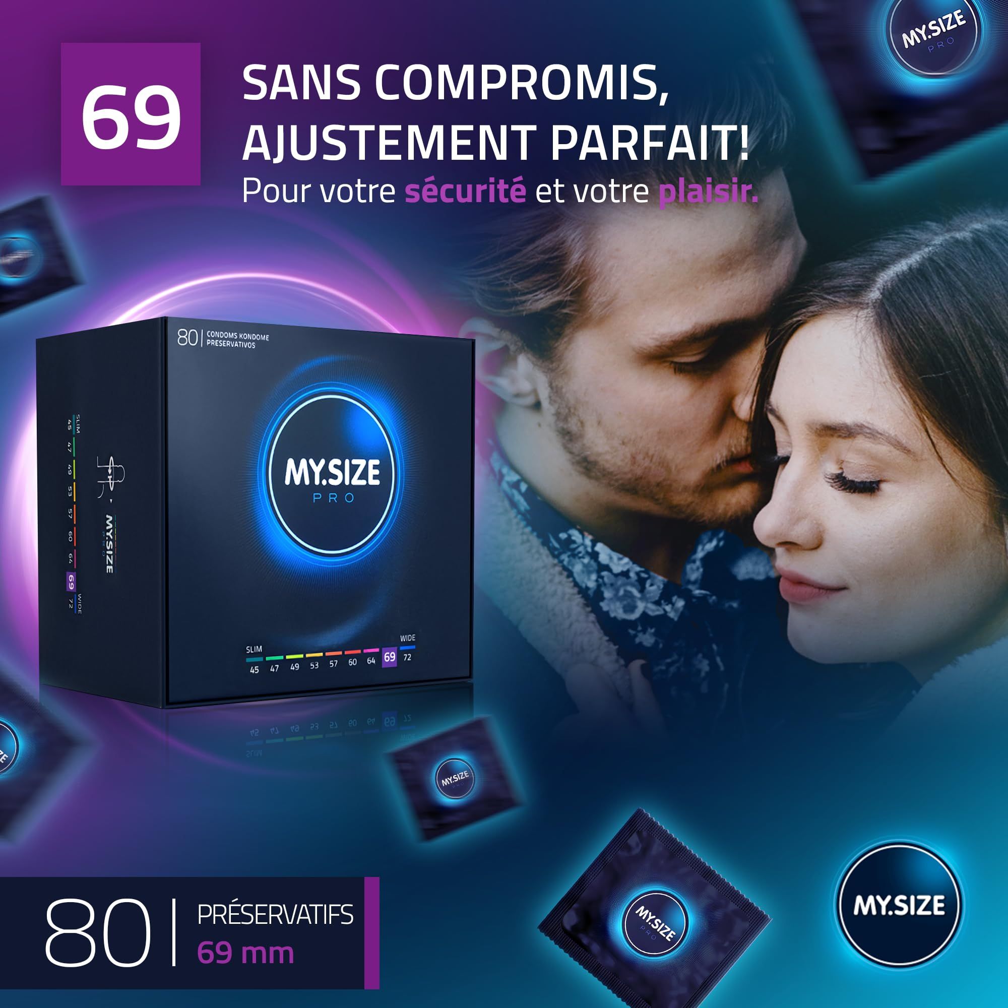 Un préservatif My.Size Pro, taille 69 mm. Très fin, haute pureté, meilleur ajustement, vegan.