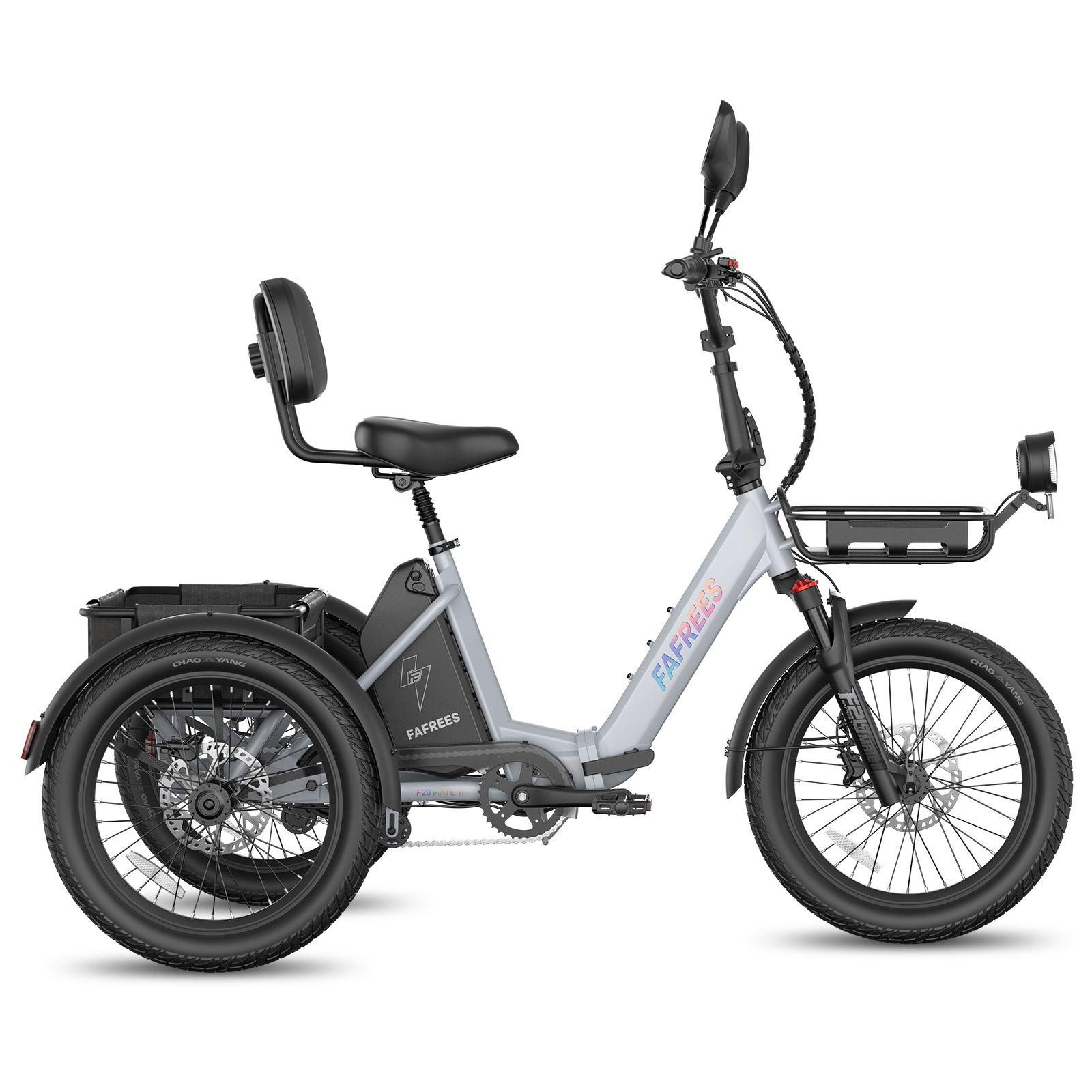 Tricycle électrique gris avec panier, rétroviseurs et porte-bagages. Pneus et siège noirs. Marque FAFREES.