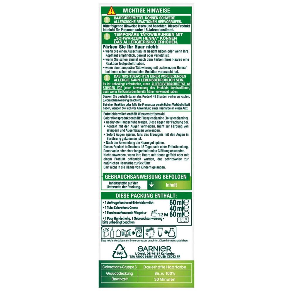 Dos de l'emballage Garnier Nutrisse Ultra Crème. Contient des avertissements, des instructions et des ingrédients. Texte en allemand.