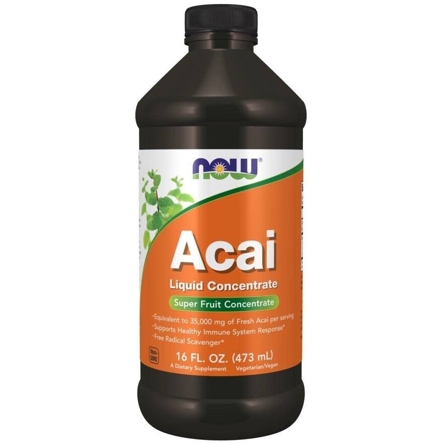 Bouteille sombre avec étiquette. "NOW" et "Acai Liquid Concentrate" visibles. Étiquette orange avec feuilles vertes. 473 ml.