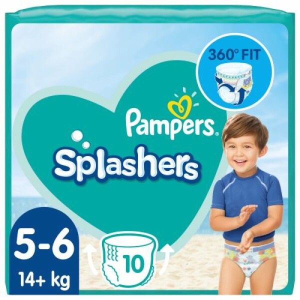 Paquet de Pampers Splashers. Enfant en maillot de bain. Texte : 5-6, 14+ kg, 10 pièces. Logo : 360° FIT.