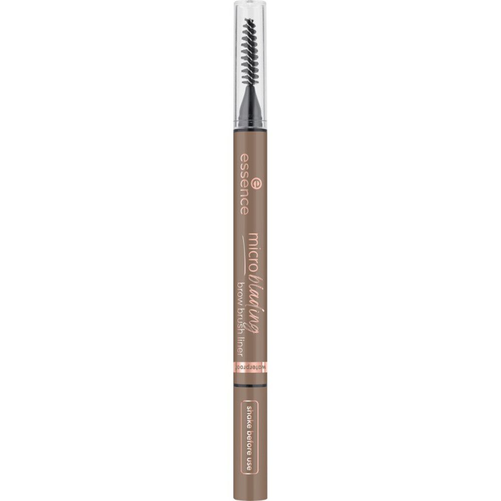 Crayon à sourcils avec brosse. Crayon brun clair avec brosse noire et capuchon transparent. Inscription : Microblading brow brush liner.