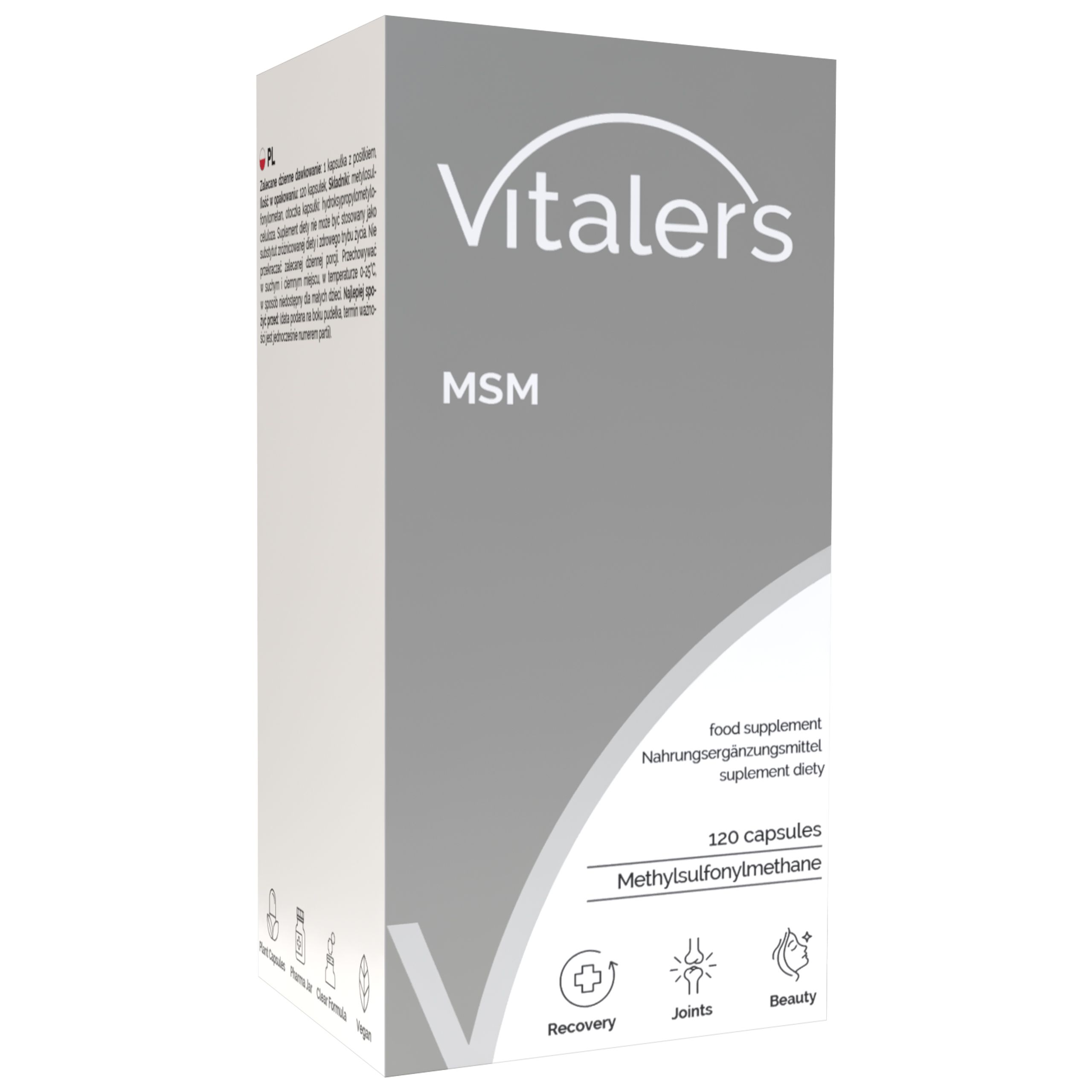Boîte de gélules Vitaler's MSM, face avant avec nom du produit et icônes.