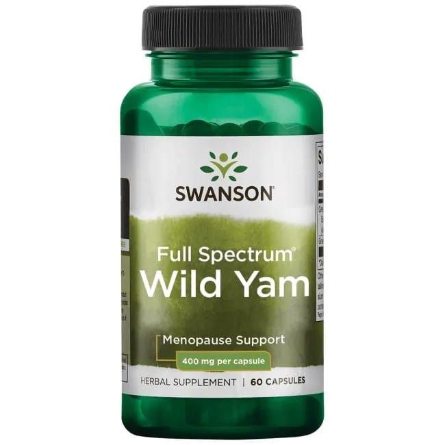 Flacon vert avec bouchon noir. Inscription: SWANSON Wild Yam, Full Spectrum, 400 mg par capsule, 60 capsules.