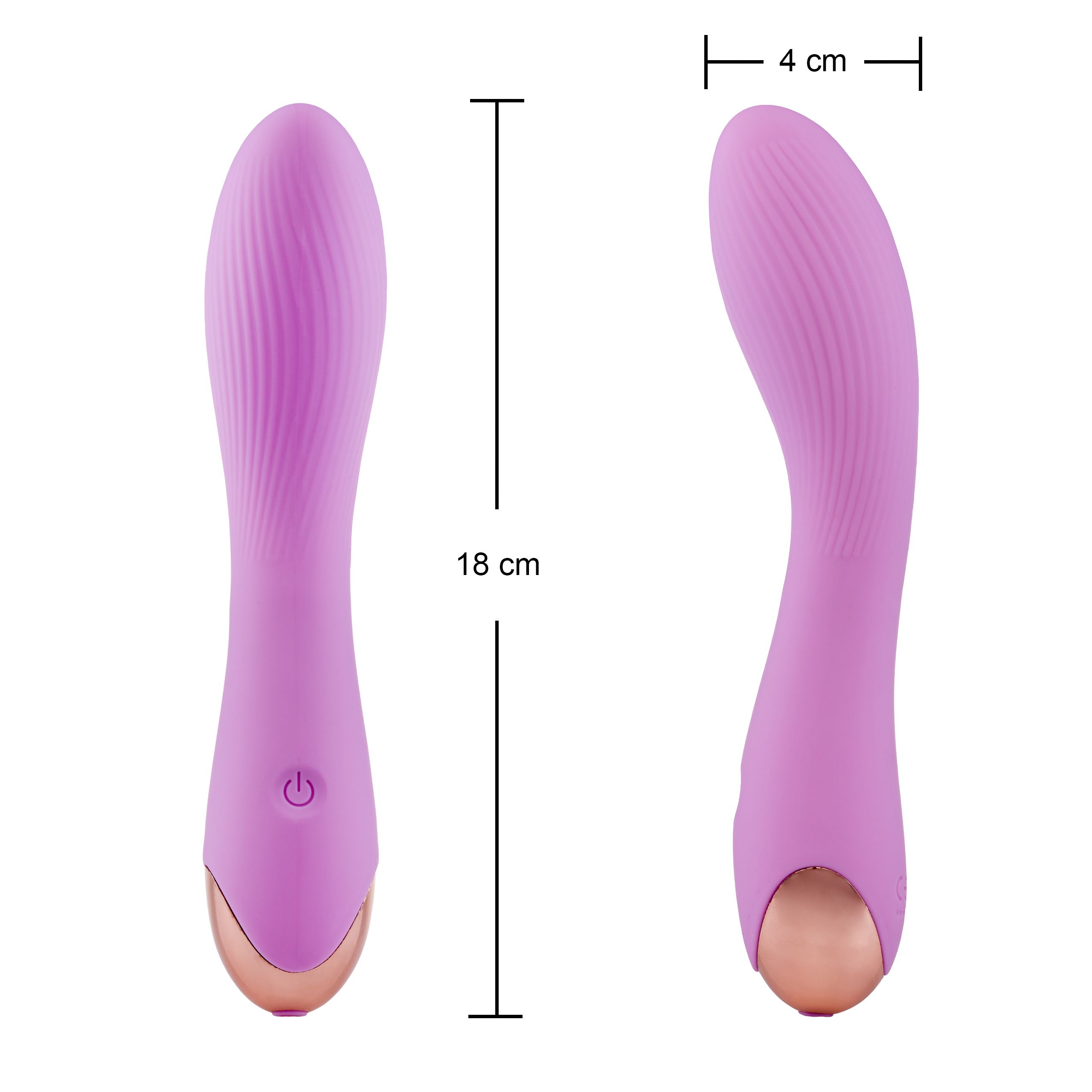Vibrateur violet, dimensions : 18 cm de long, 4 cm de large. Surface rainurée, tête dorée. Avec bouton marche/arrêt.