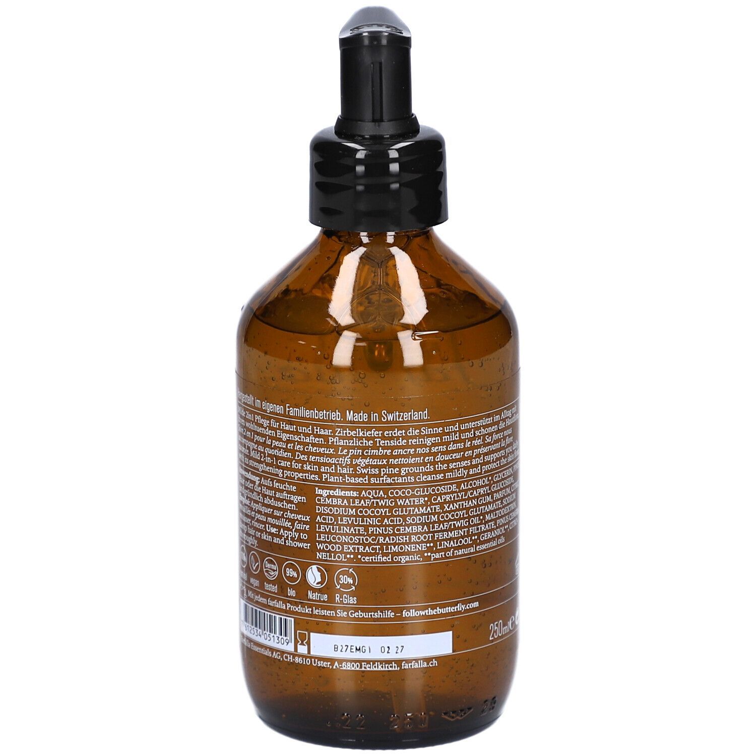 Flacon brun avec pompe noire. Dos avec texte et ingrédients. Fabriqué en Suisse.