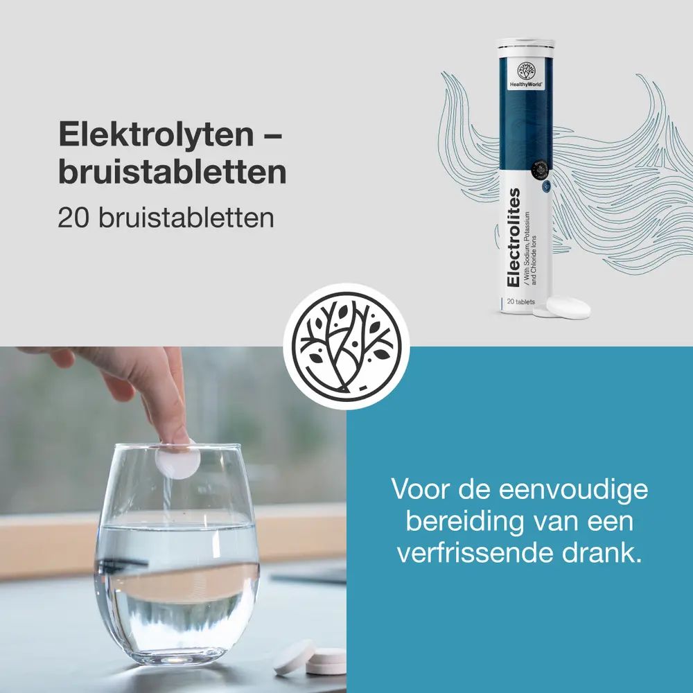 Een bruistablet lost op in een glas water, ernaast een verpakking elektrolyten bruistabletten.
