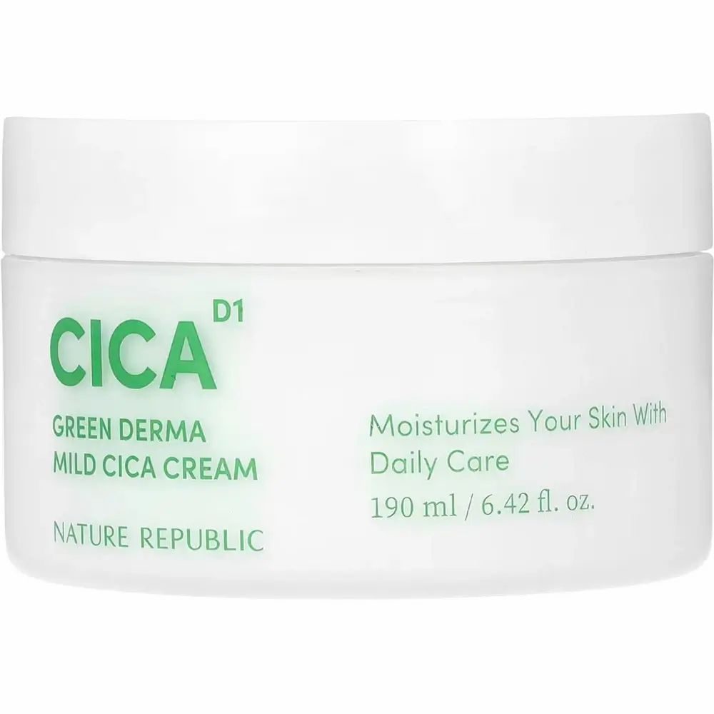 Pot blanc avec inscription verte CICA, Green Derma Mild Cica Cream. Texte : Nature Republic, 190 ml/6.42 fl. oz.