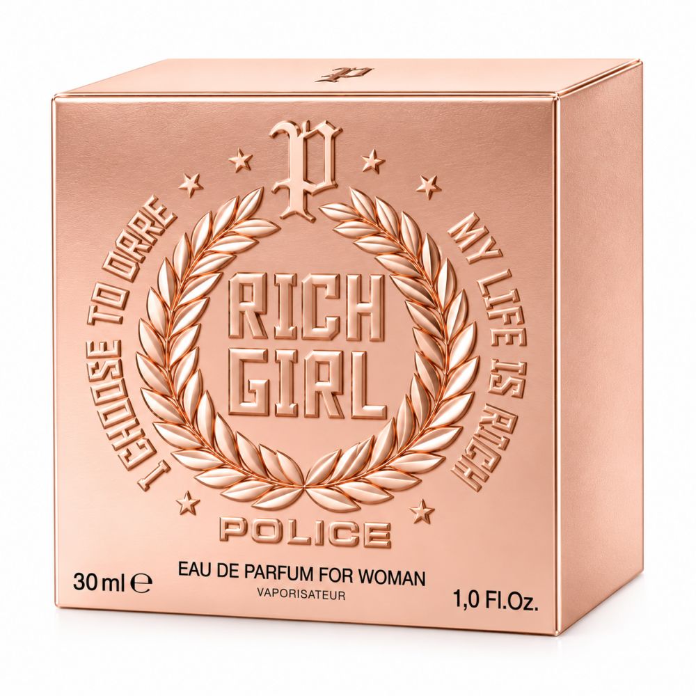 Boîte de parfum rose dorée avec "Rich Girl" en relief, logo "Police" et couronne de laurier. Contient 30ml d'Eau de Parfum.