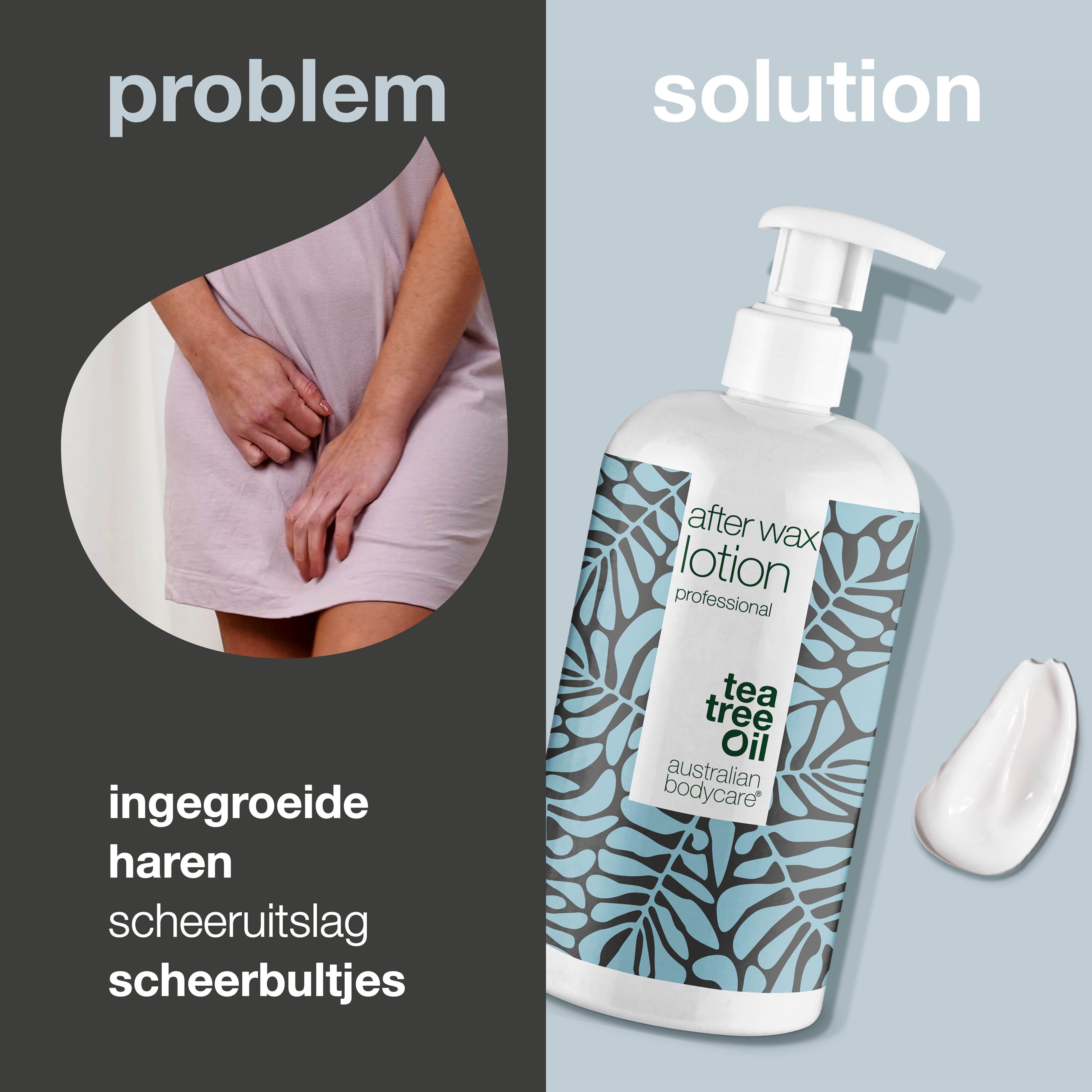 Fles en huidgedeelte. Tekst: ingegroeide haren, scheeruitslag, scheerbultjes. Oplossing: After Wax Lotion.