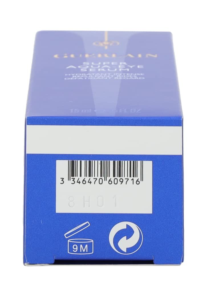 Verpakking, achterkant. Opschrift: Super Aqua-Eye Serum. Streepjescode, recyclingsymbolen, 9M-symbool.