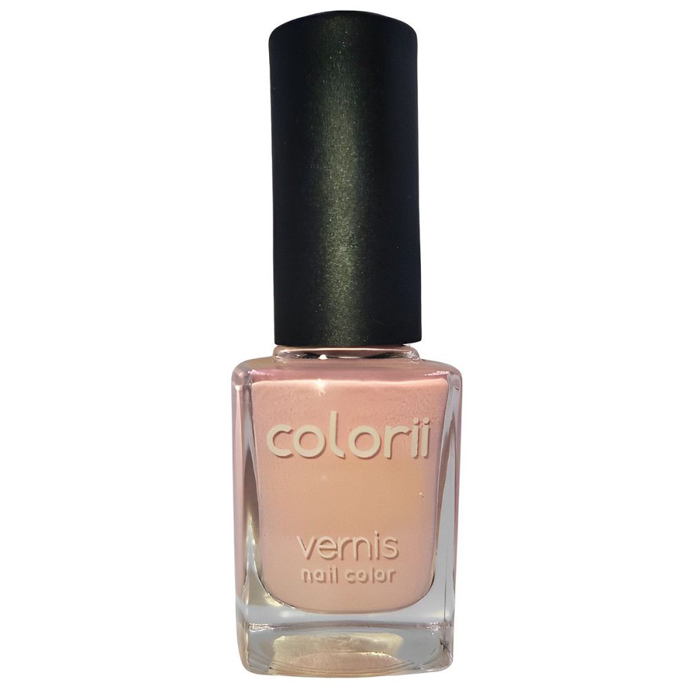 Flacon de vernis à ongles rose avec bouchon noir. Inscription : colorii, vernis nail color.