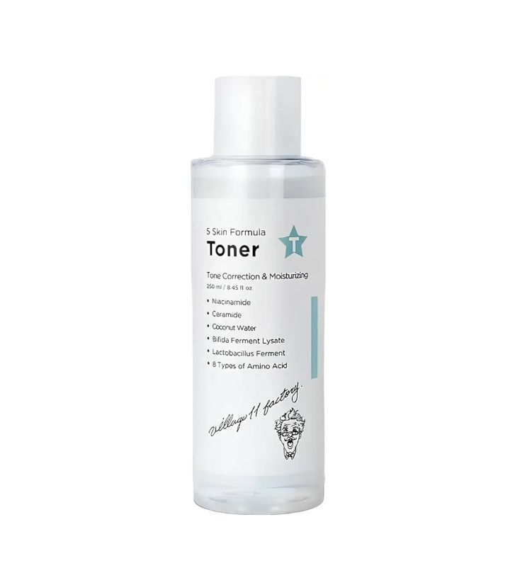 Transparante fles met witte dop. Opschrift: Toner, ingrediënten. Logo: gezicht met snor. Opschrift: 5 Skin Formula.
