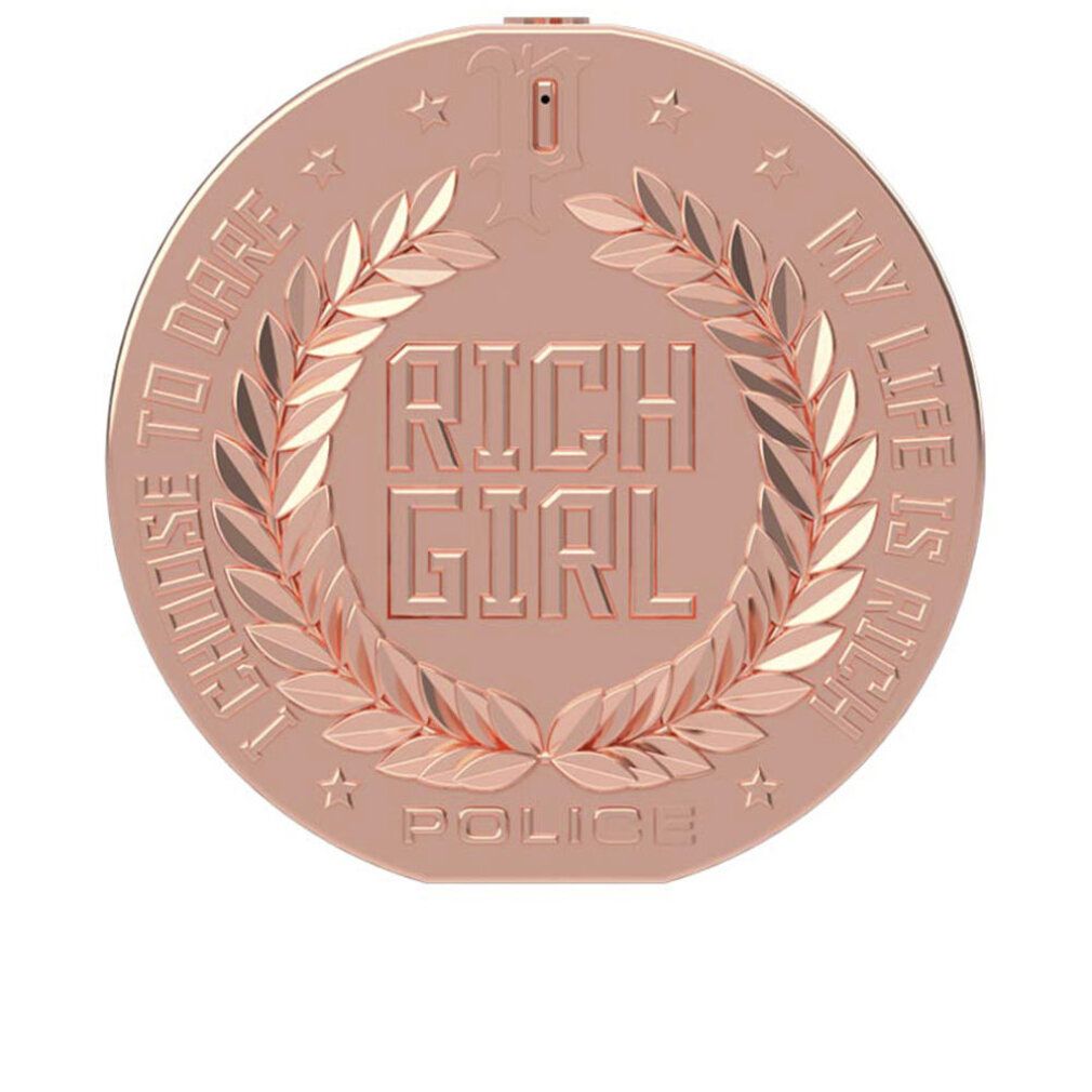 Ronde flacon met opschrift RICH GIRL. Roségouden design met lauwerkrans en sterren. Merk: POLICE.