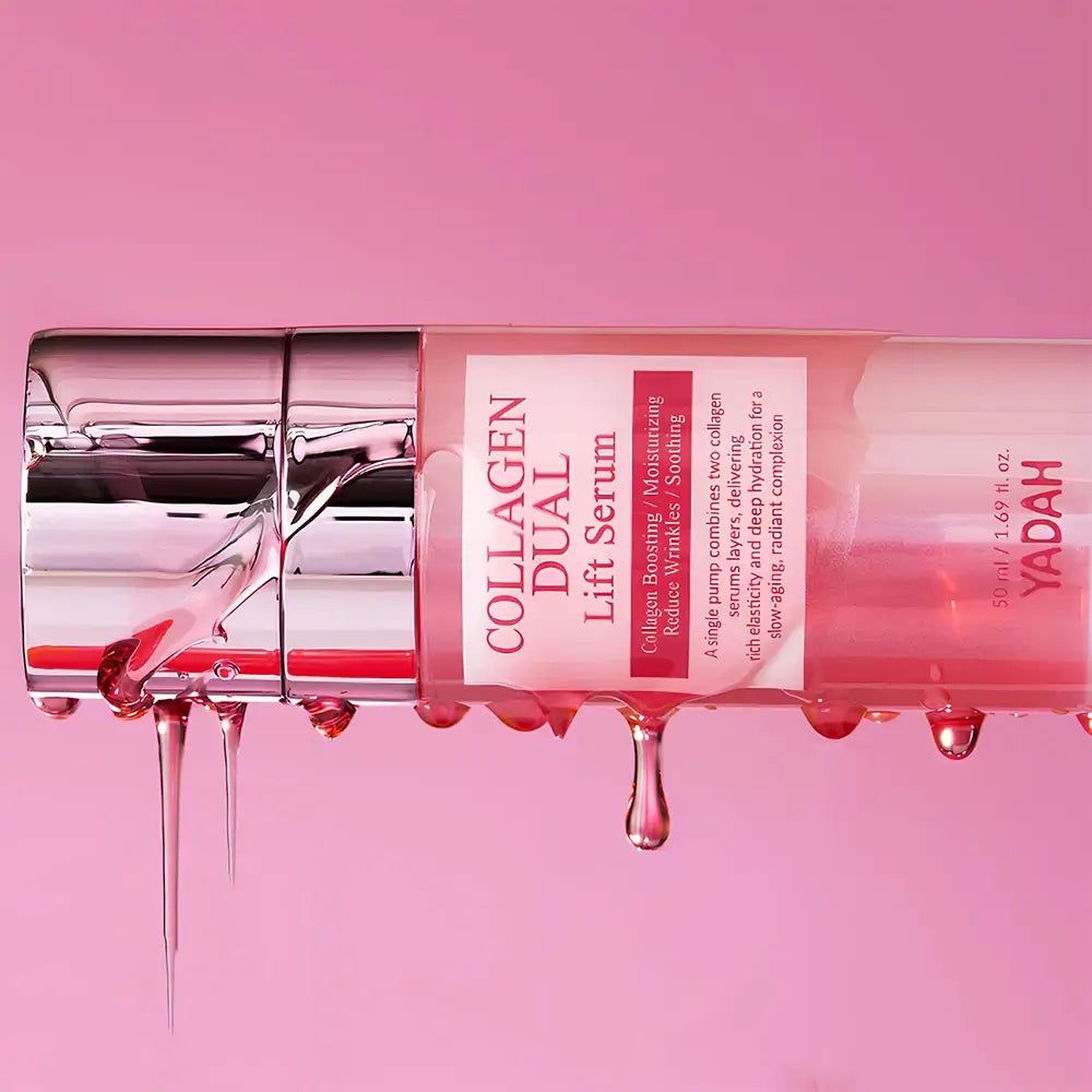 YADAH Collagen Dual Lift Serum fles met druipend serum.