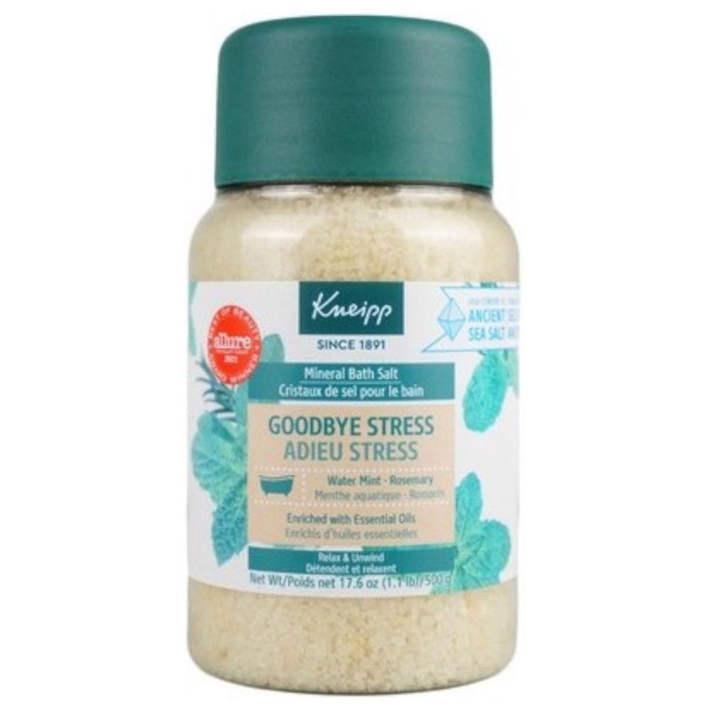 Flacon cylindrique de cristaux de sel de bain. Inscription : Kneipp, Goodbye Stress. Couvercle vert. Décor menthe et romarin.