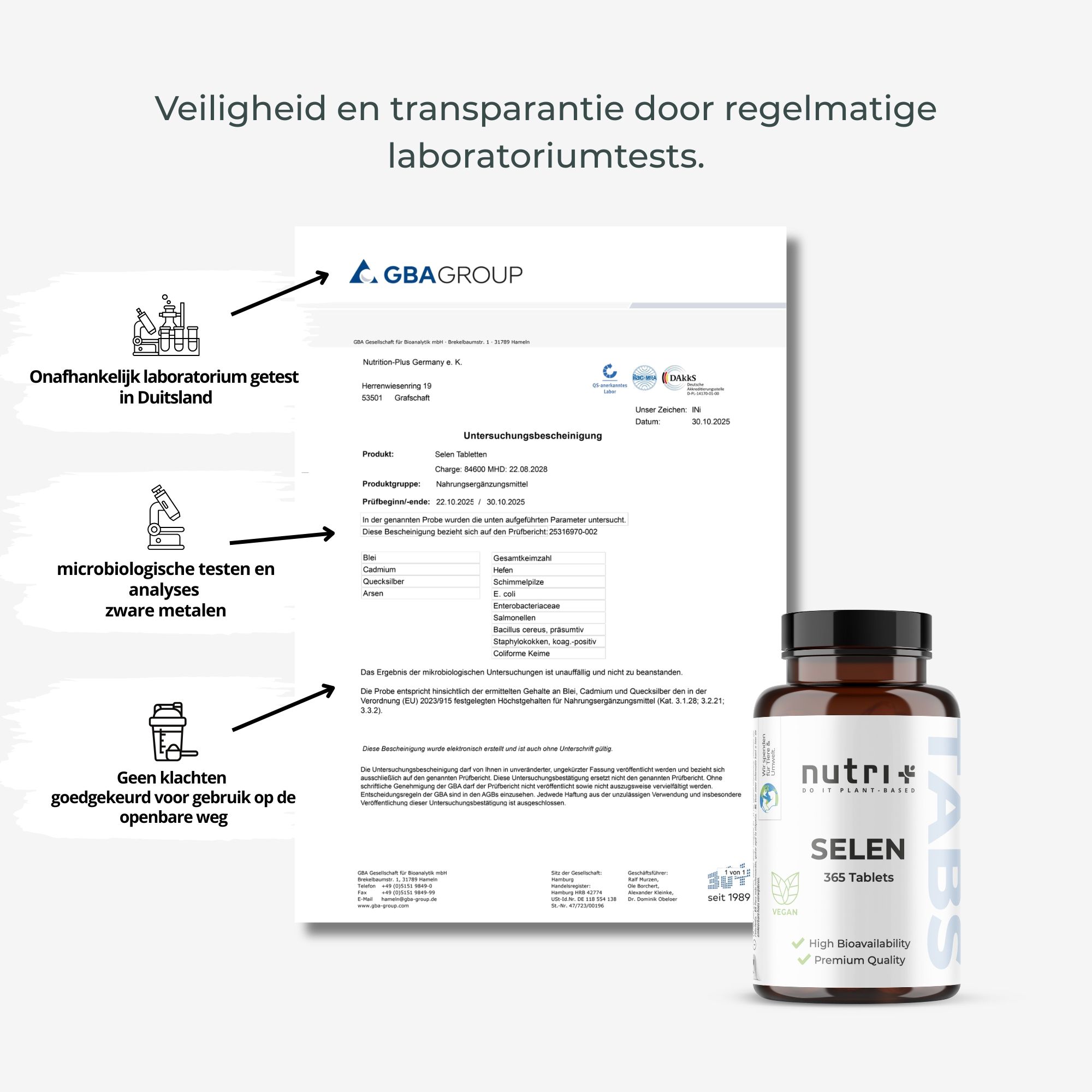 Vergelijking nutri+ Selenium tabletten met vergelijkbare producten: combinatie, zuiverheid, dosering, herkomst.