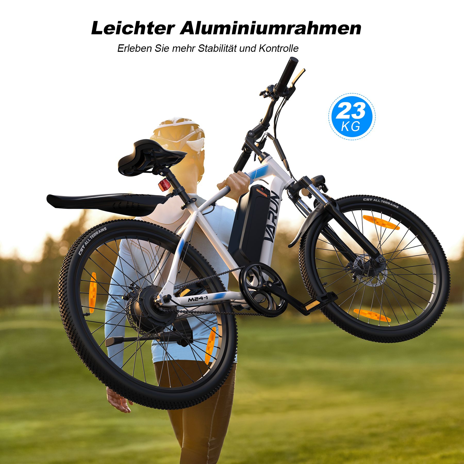 Persoon draagt de e-bike. Lichtgewicht aluminium frame. Gewicht: 23 kg. Witte e-bike met zwarte onderdelen.