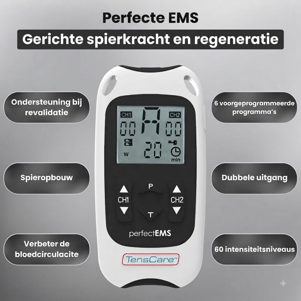 Een wit EMS-apparaat met zwart display en knoppen. Toont 'CH1 00', 'CH2 00', '20 min' en 'perfectEMS'. Merk: TensCare.