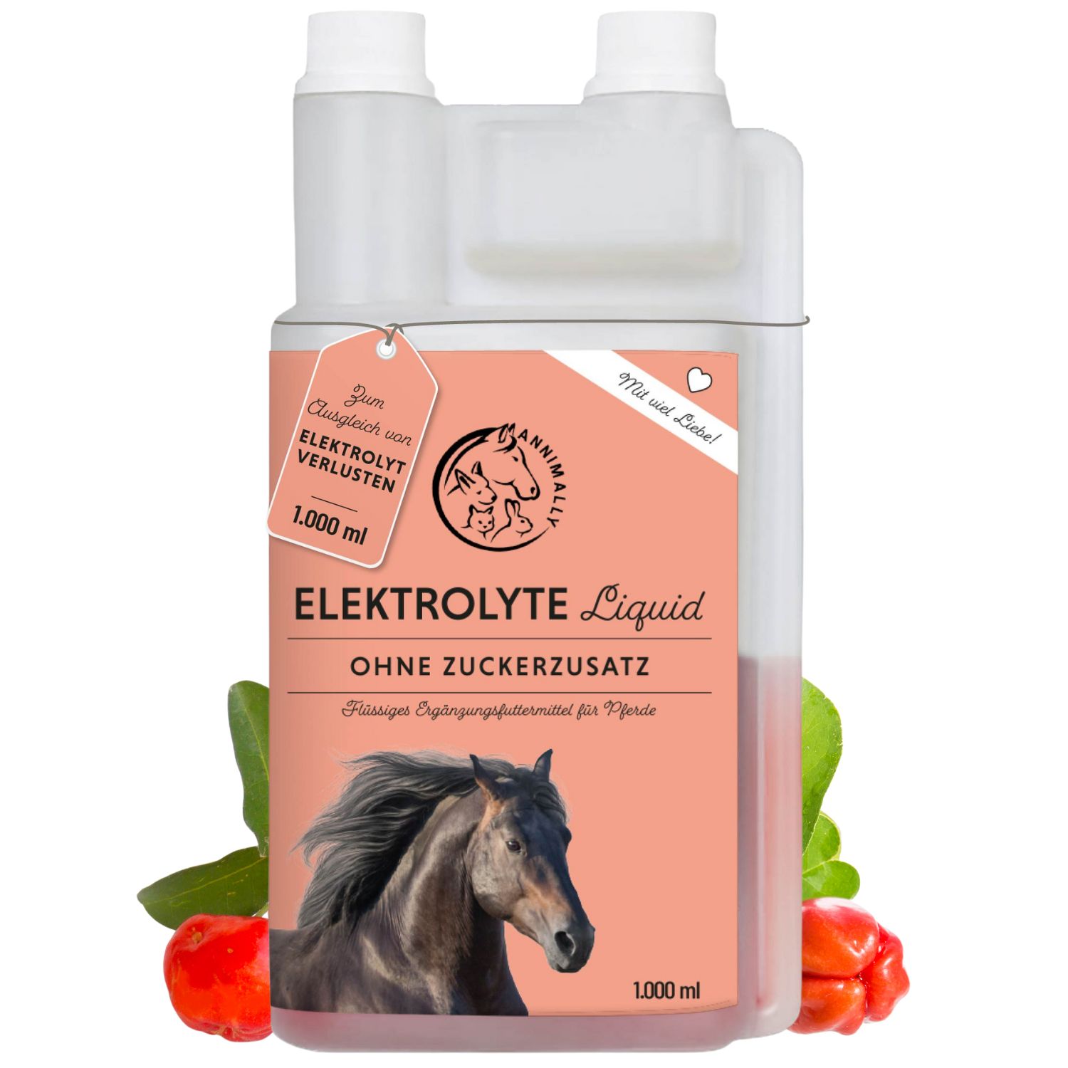 Bouteille transparente d'Elektrolyte Liquid. Étiquette avec nom du produit, logo et texte. 1000 ml. Sans sucre ajouté. Aliment complémentaire pour chevaux.
