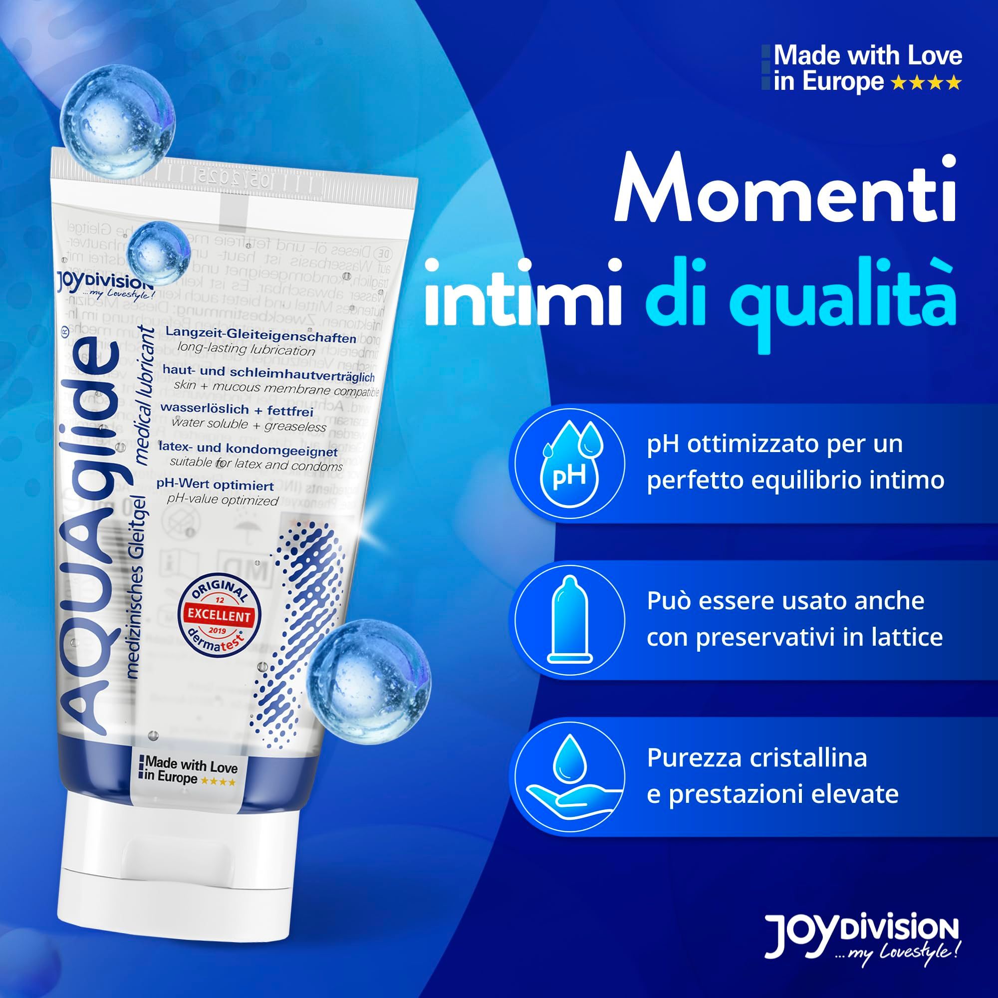 Aqua glide glijmiddel tube met iconen voor pH en condoomcompatibiliteit.