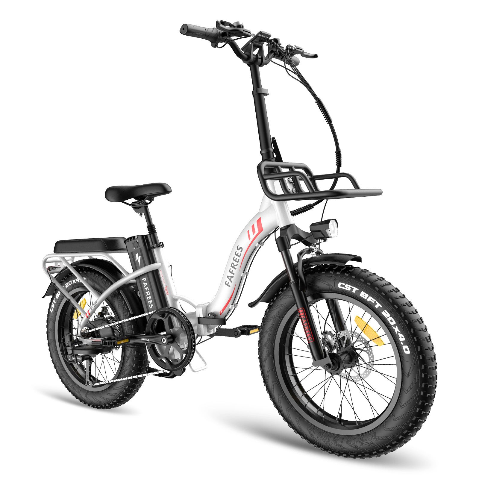 Witte Fafrees F20 Max elektrische fiets. Zwarte banden, bagagerek, voorste mand. Batterij en merk zichtbaar.