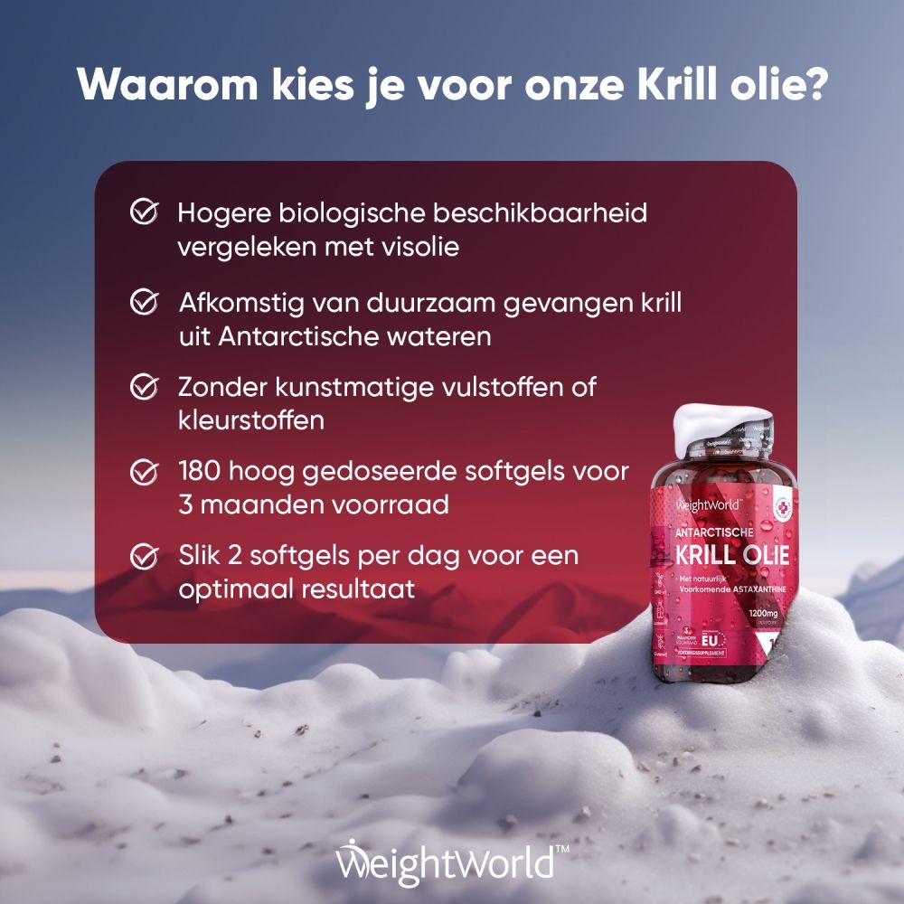 Fles Antarctische Krillolie voor besneeuwd landschap. Voordelen: hogere biologische beschikbaarheid, duurzaam gevangen, etc.