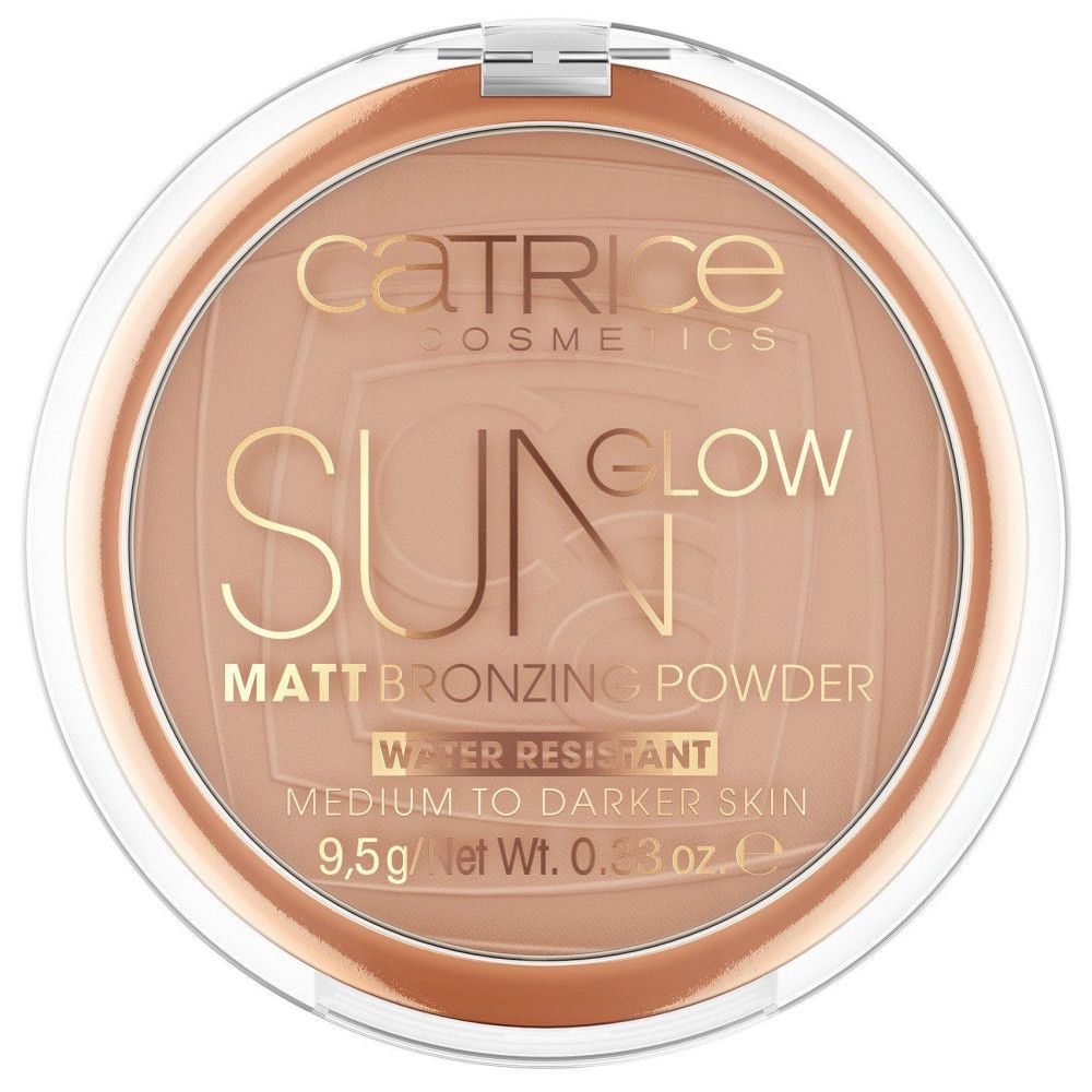 Bronzing poeder in ronde doos met transparante deksel. Opschrift: Catrice Sun Glow Matt Bronzing Powder. Inhoud: 9,5 g.
