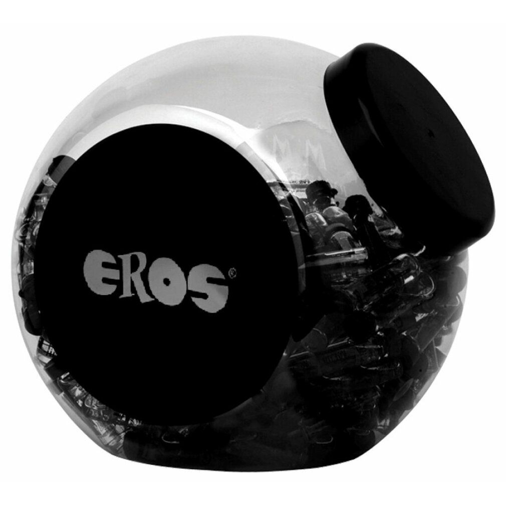 Boîte transparente ronde avec couvercle noir, remplie de portions individuelles sombres. Autocollant rond noir avec logo 'EROS' blanc.