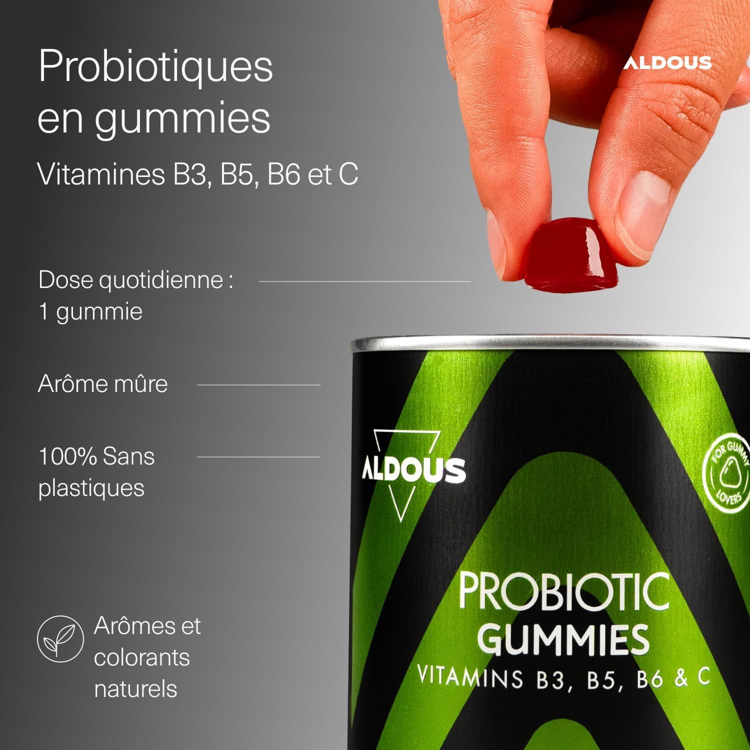 Gummies probiotiques Aldous avec vitamines B3, B5, B6 & C. Dose quotidienne : 1 gummie. Arôme mûre. 100% sans plastique.