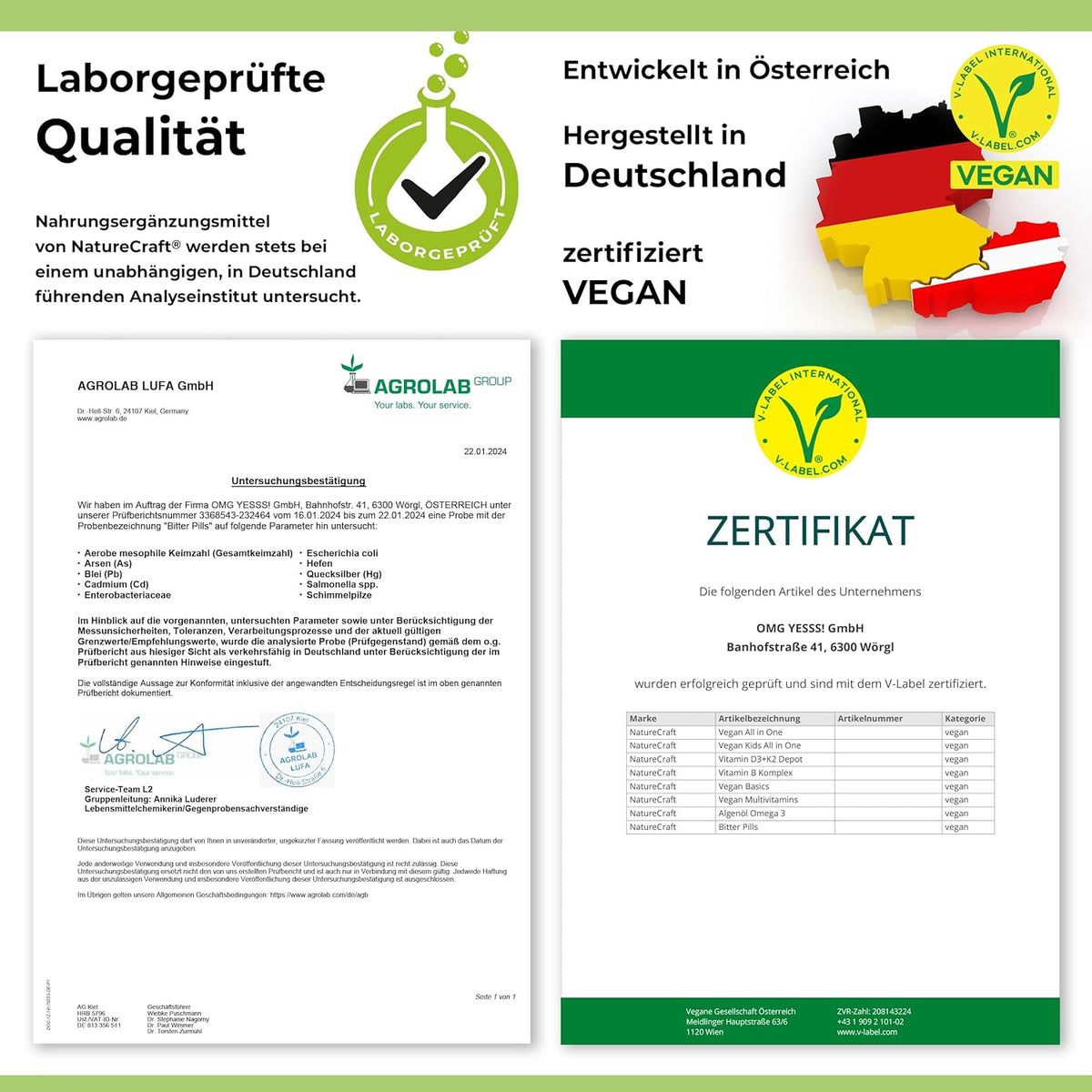 Certificats et preuves de qualité. Qualité testée en laboratoire. Certification Vegan. V-Label.