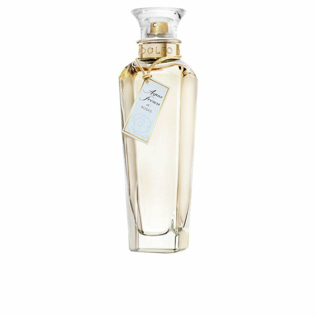 Adolfo Dominguez Agua Fresca de Rosas Eau de Toilette Spray. Flacon transparent avec bouchon doré et étiquette.
