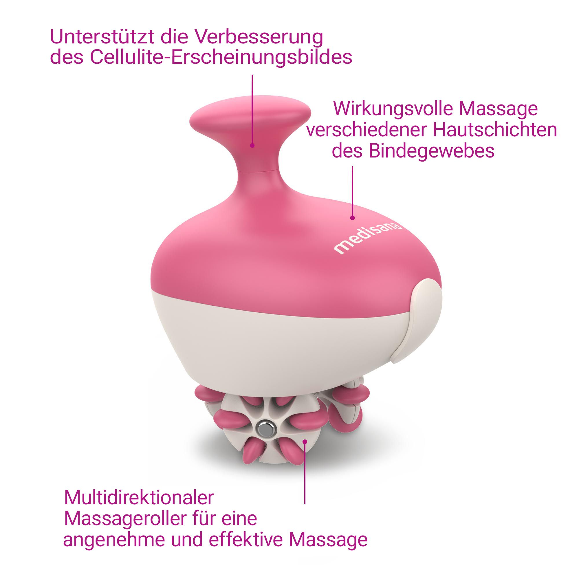 Roze massageapparaat met draaiende rollen en labels.