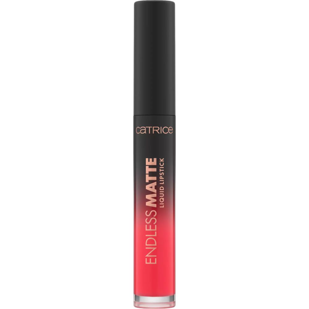Rouge à lèvres liquide avec bouchon noir et dégradé de couleurs rouge. Inscription : CATRICE, ENDLESS MATTE LIQUID LIPSTICK.
