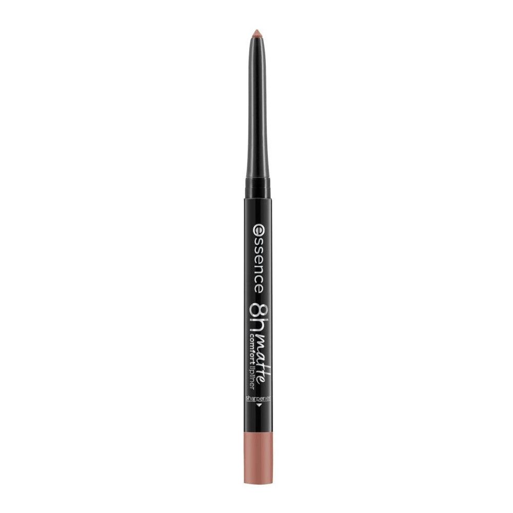 Lipliner met zwarte huls. Opschrift: Essence 8h matte comfort liner. Nude kleurige punt.